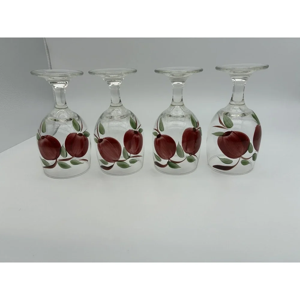 Vintage Hand Painted Apple Wine Glasses Set of 4 Red Fruit Motif Goblets
